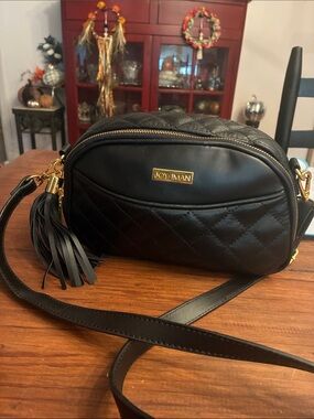 Joy & Iman Black Quilted Crossbody with Gold Hardware and Tassel